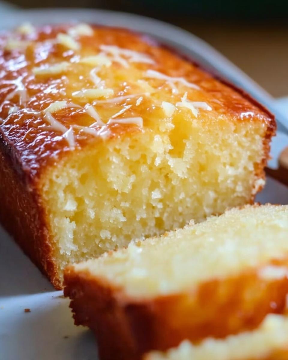 Close-up of a slice of moist lemon yogurt cake made with almond flour, topped with glaze and zest.