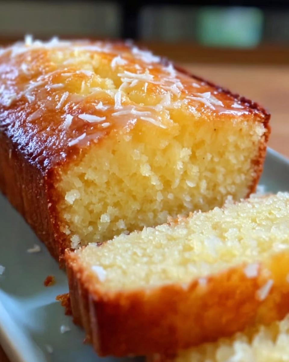 A close-up of a slice of Moist Lemon Yogurt Cake made with Almond Flour, topped with glaze and shredded coconut.