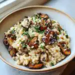 A close-up of a bowl of creamy Mushroom Risotto topped with sautéed mushrooms and fresh parsley.