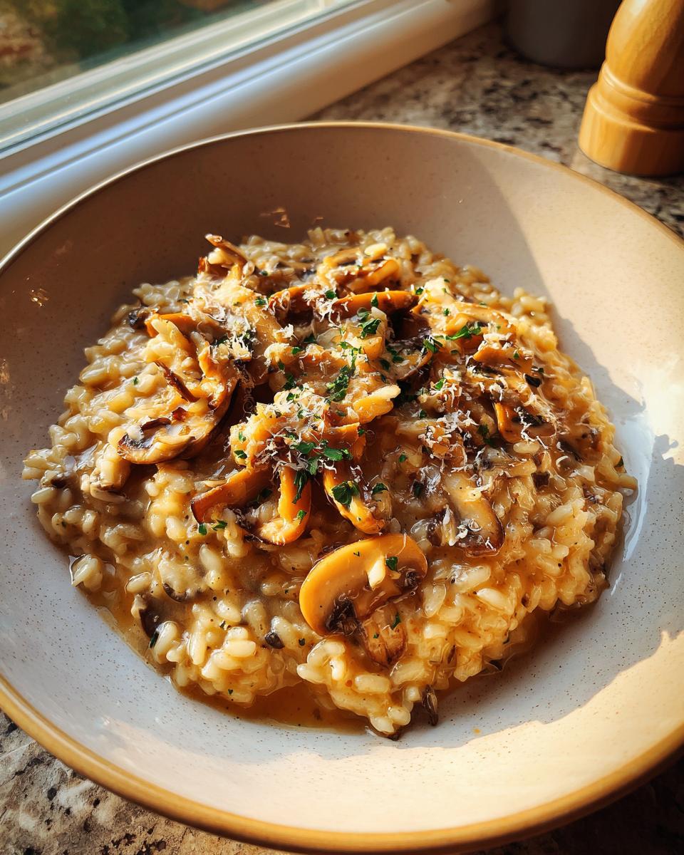 Close-up of a bowl of creamy Mushroom Risotto topped with sautéed mushrooms, grated Parmesan cheese, and fresh parsley.