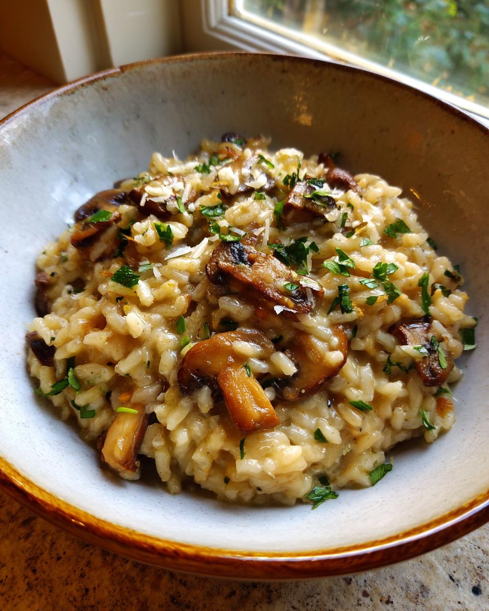 Close-up of a bowl of creamy Mushroom Risotto topped with sliced mushrooms, fresh parsley, and grated Parmesan cheese.