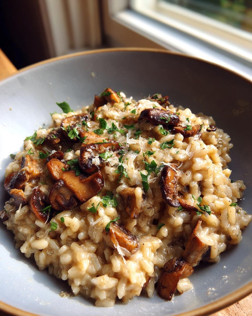 Close-up of a bowl of creamy Mushroom Risotto topped with sautéed mushrooms, fresh parsley, and grated Parmesan cheese.