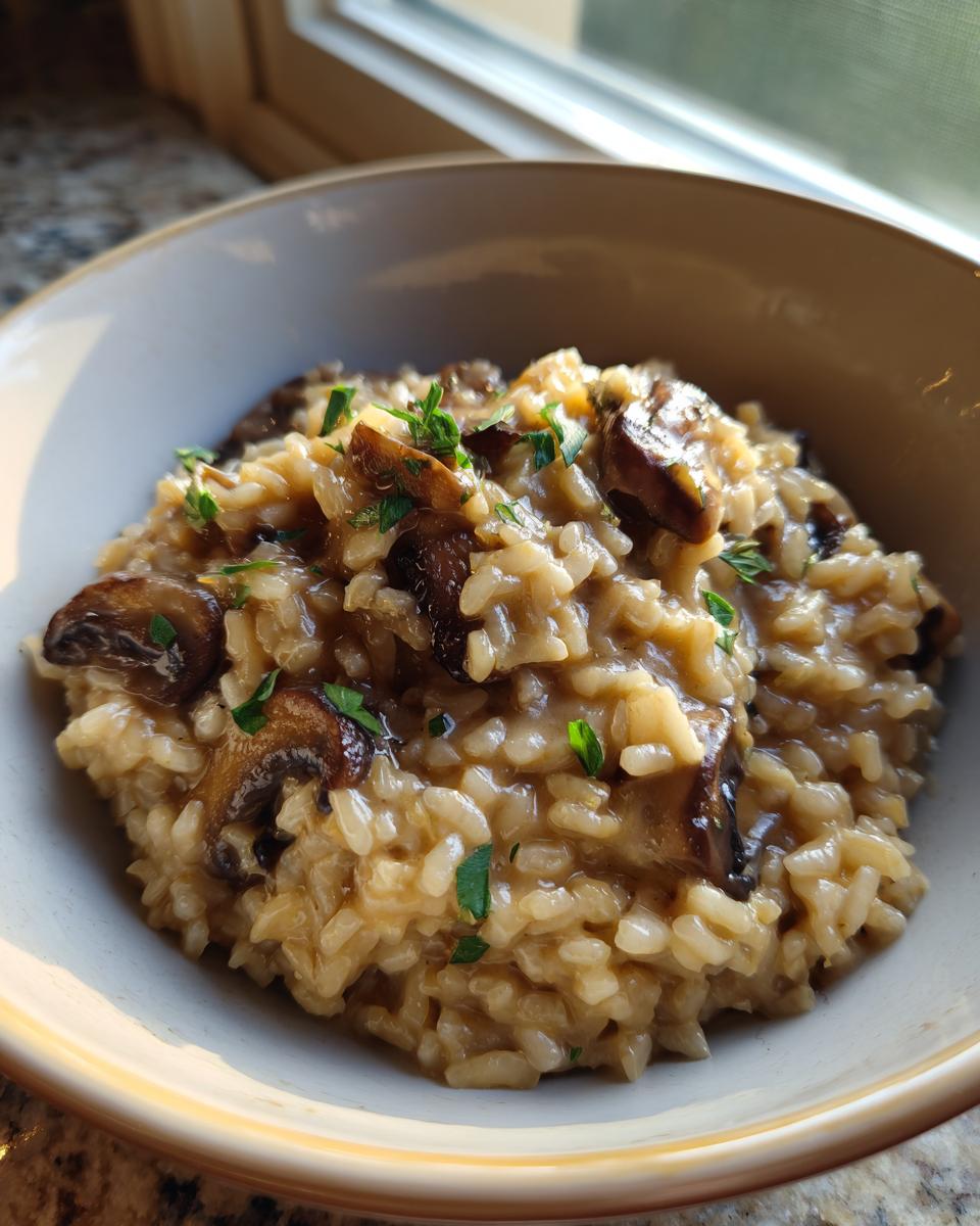 A close-up of creamy Mushroom Risotto in a bowl, topped with fresh parsley.