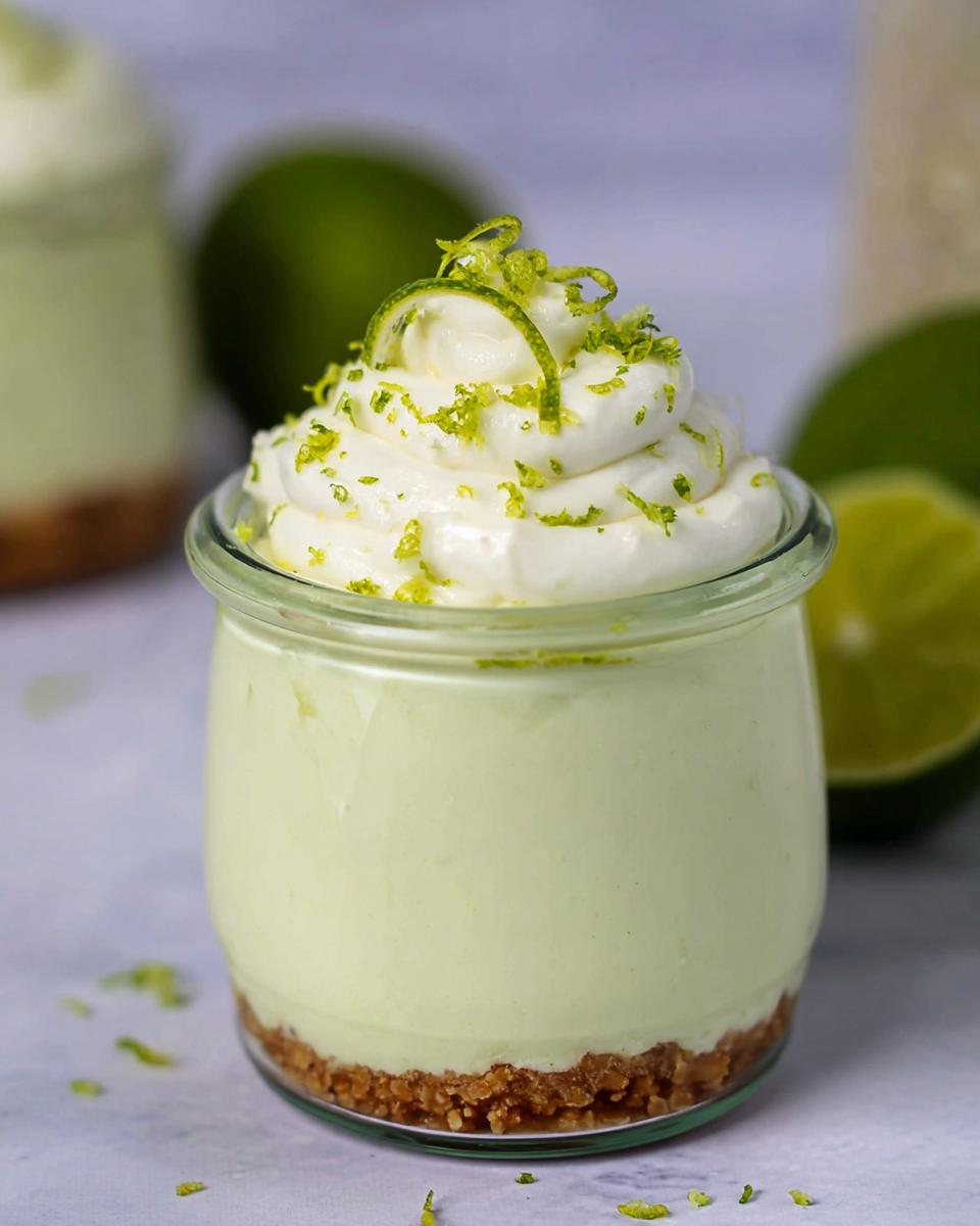 A refreshing no bake key lime cheesecake served in a glass jar, topped with whipped cream and lime zest.