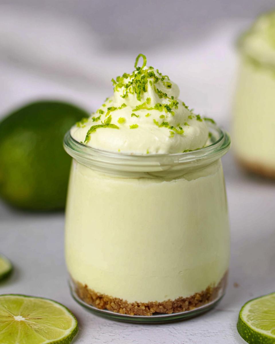 A single serving no bake key lime cheesecake in a glass jar, topped with whipped cream and lime zest.