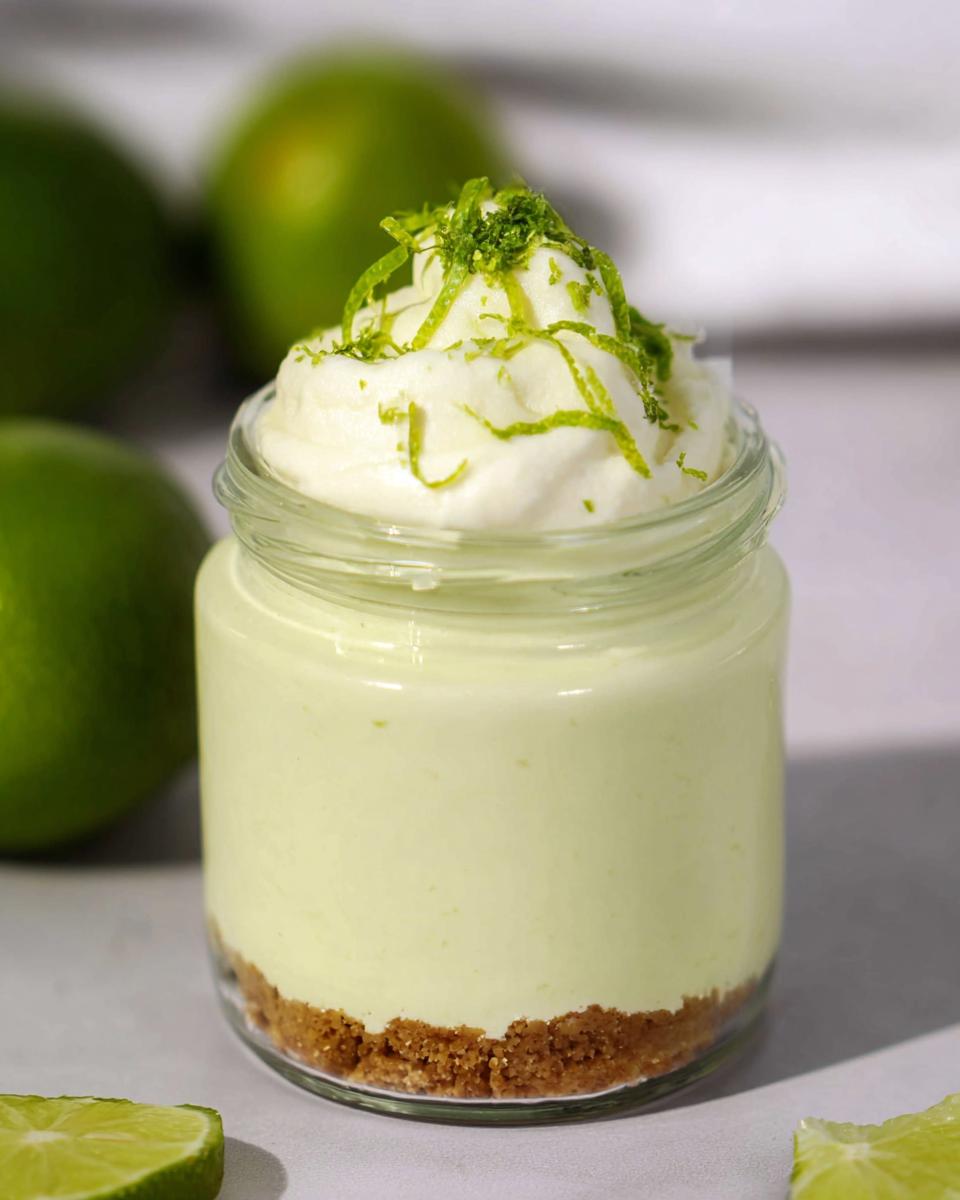 A single serving of no bake key lime cheesecake in a glass jar, topped with whipped cream and lime zest. Fresh limes are visible in the background.