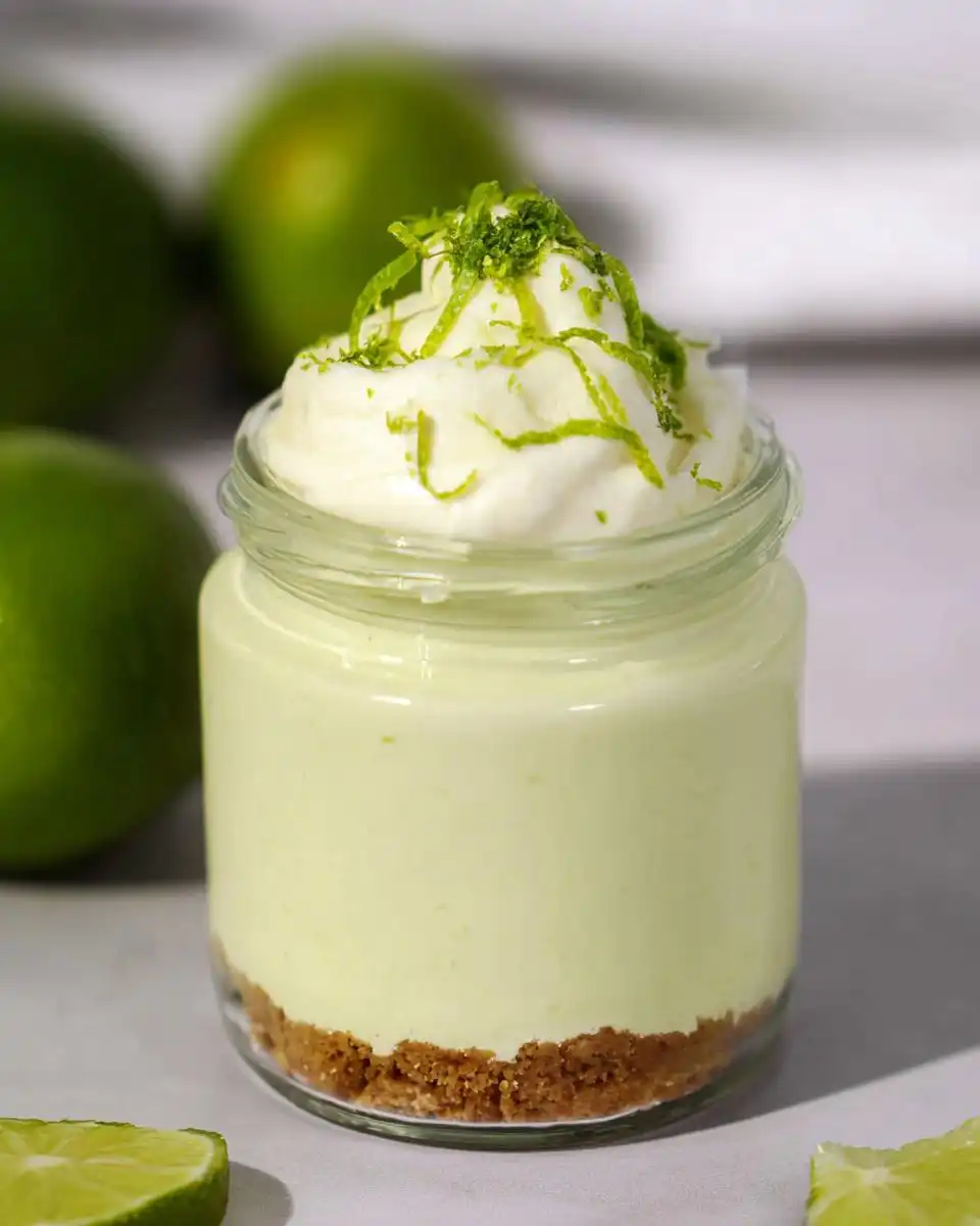 A single serving of no bake key lime cheesecake in a glass jar, topped with whipped cream and lime zest. Fresh limes are visible in the background.