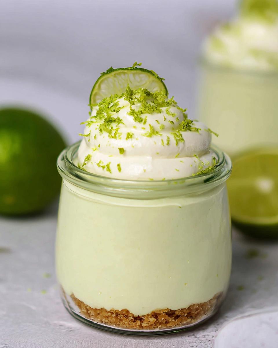A refreshing no bake key lime cheesecake served in a glass jar, topped with whipped cream and lime zest.