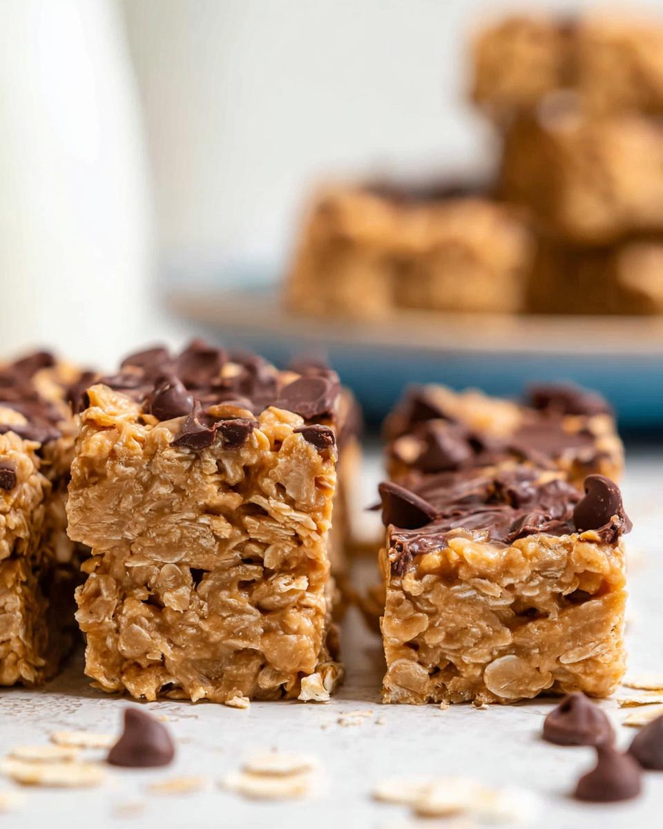 Close-up of no bake peanut butter oatmeal bars topped with melted chocolate and chocolate chips.