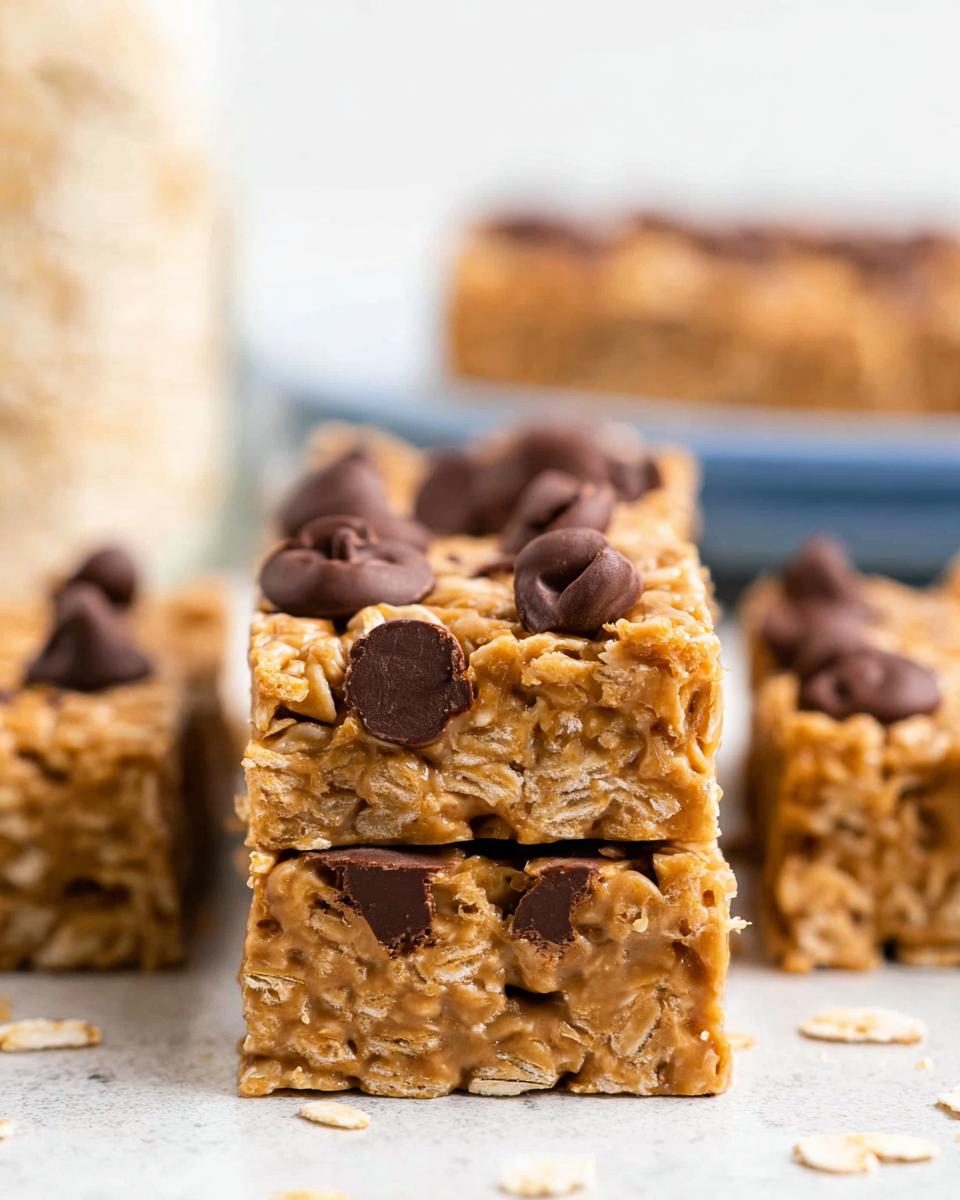 Stack of no bake peanut butter oatmeal bars topped with chocolate chips, with more bars in the background.