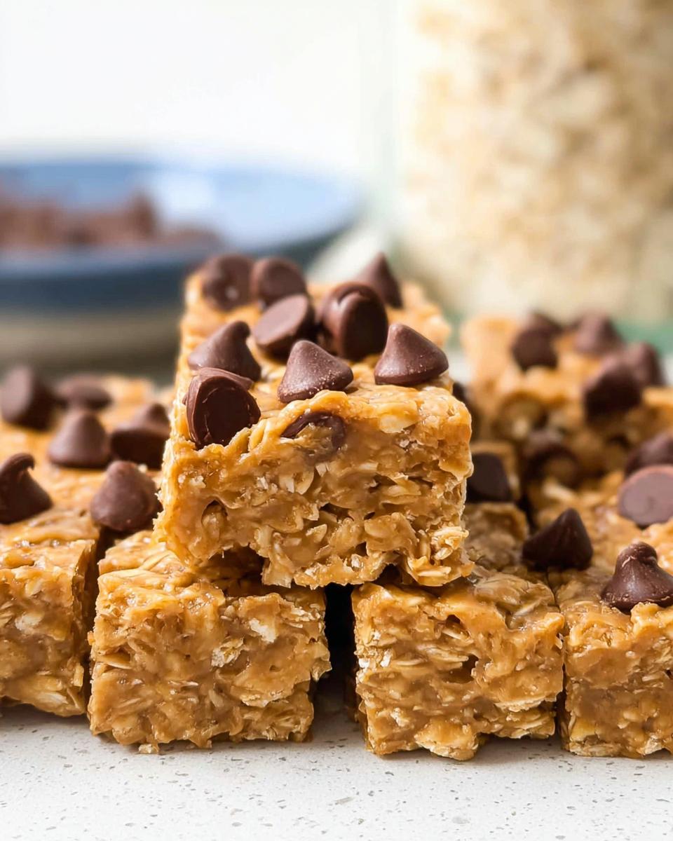 Close-up of stacked no bake peanut butter oatmeal bars topped with chocolate chips.