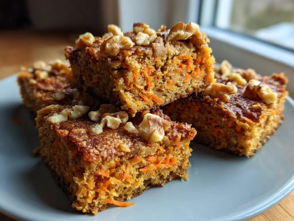Close-up of No Sugar Cottage Cheese Carrot Cake Bars topped with walnuts on a grey plate.