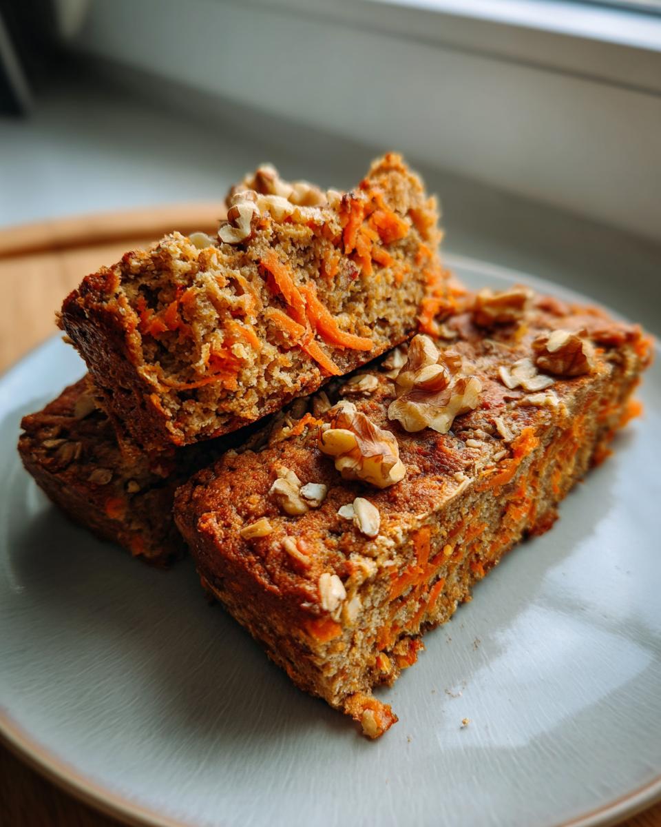 Close-up of No Sugar Cottage Cheese Carrot Cake Bars topped with walnuts.