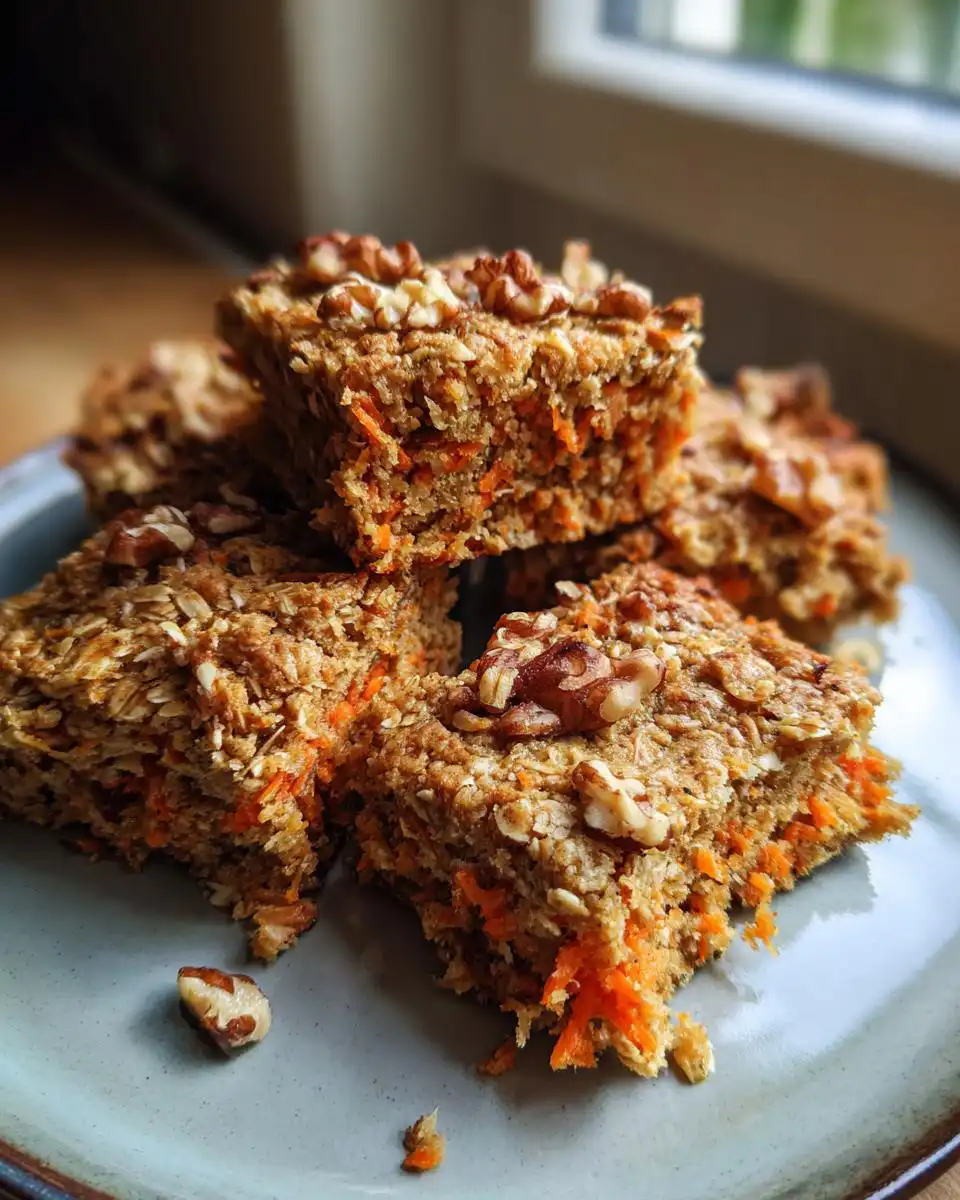 A stack of No Sugar Cottage Cheese Carrot Cake Bars topped with walnuts on a blue plate.