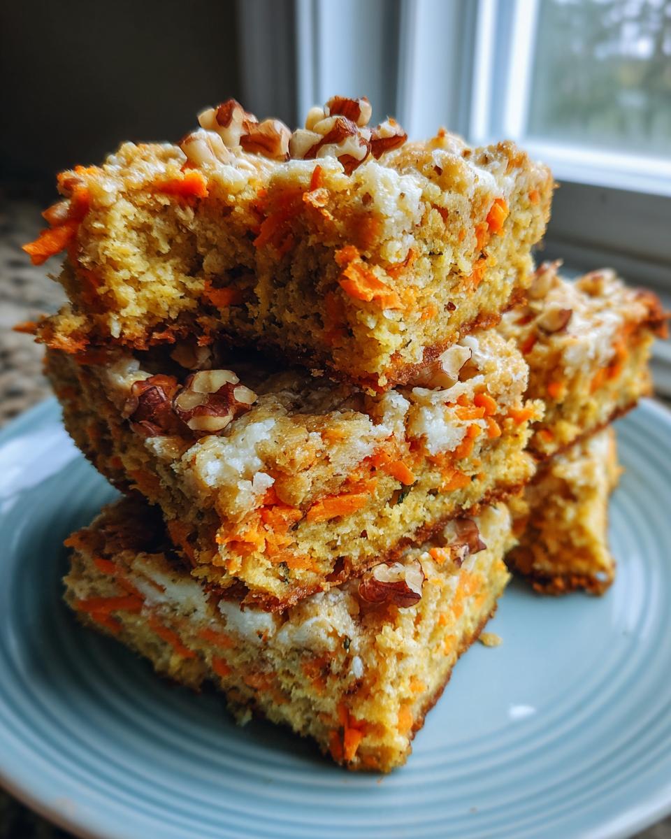 A stack of No Sugar Cottage Cheese Carrot Cake Bars topped with walnuts, showing visible shredded carrots and a creamy texture.