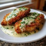 Two pieces of golden-brown Parmesan Crusted Chicken topped with creamy garlic sauce and fresh parsley.