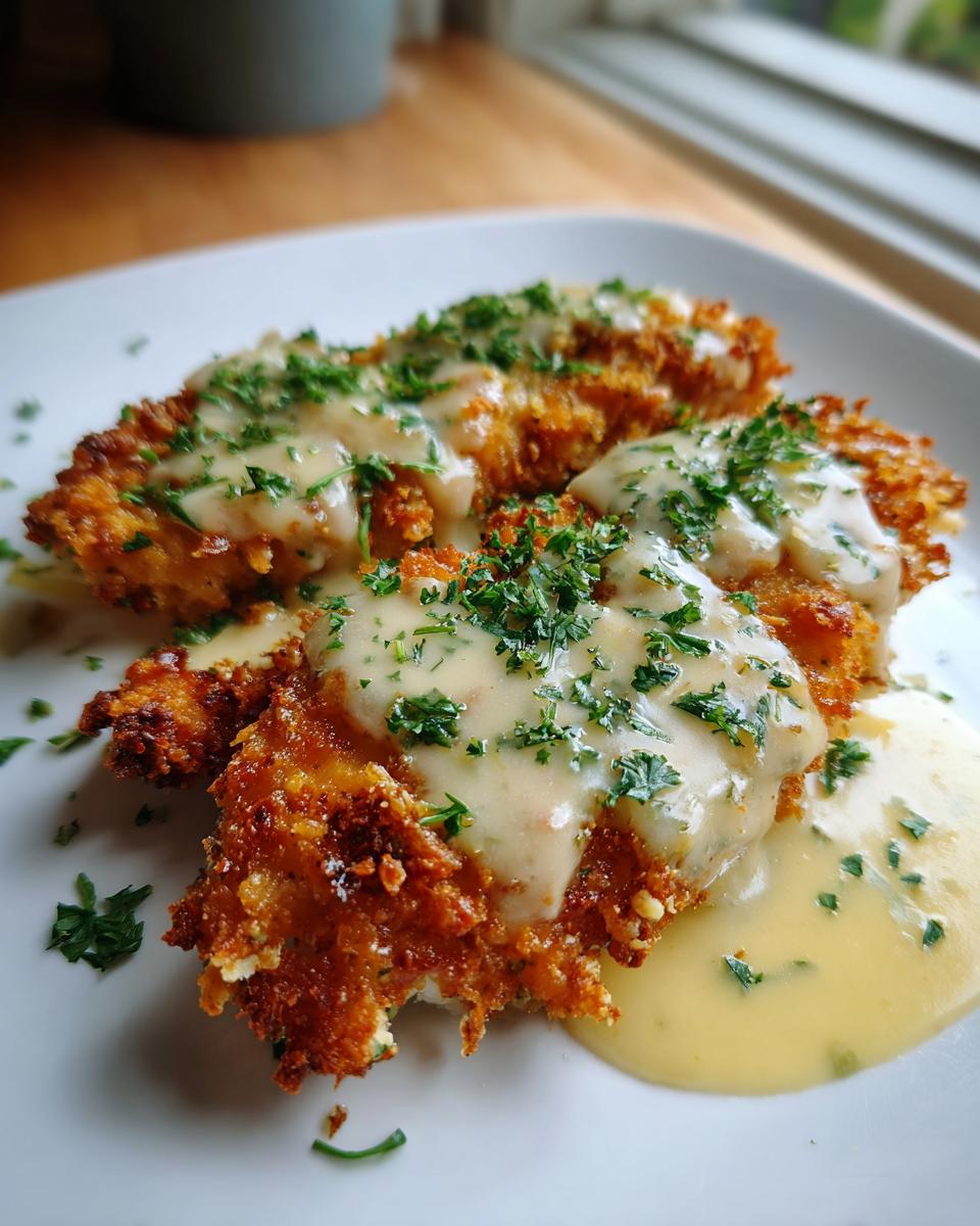 Close-up of Parmesan Crusted Chicken with Creamy Garlic Sauce, garnished with fresh parsley.