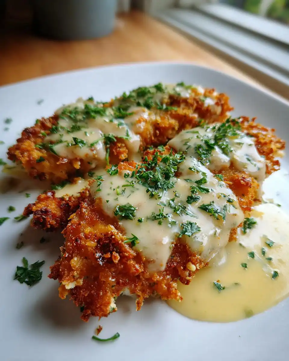 Close-up of Parmesan Crusted Chicken with Creamy Garlic Sauce, garnished with fresh parsley.