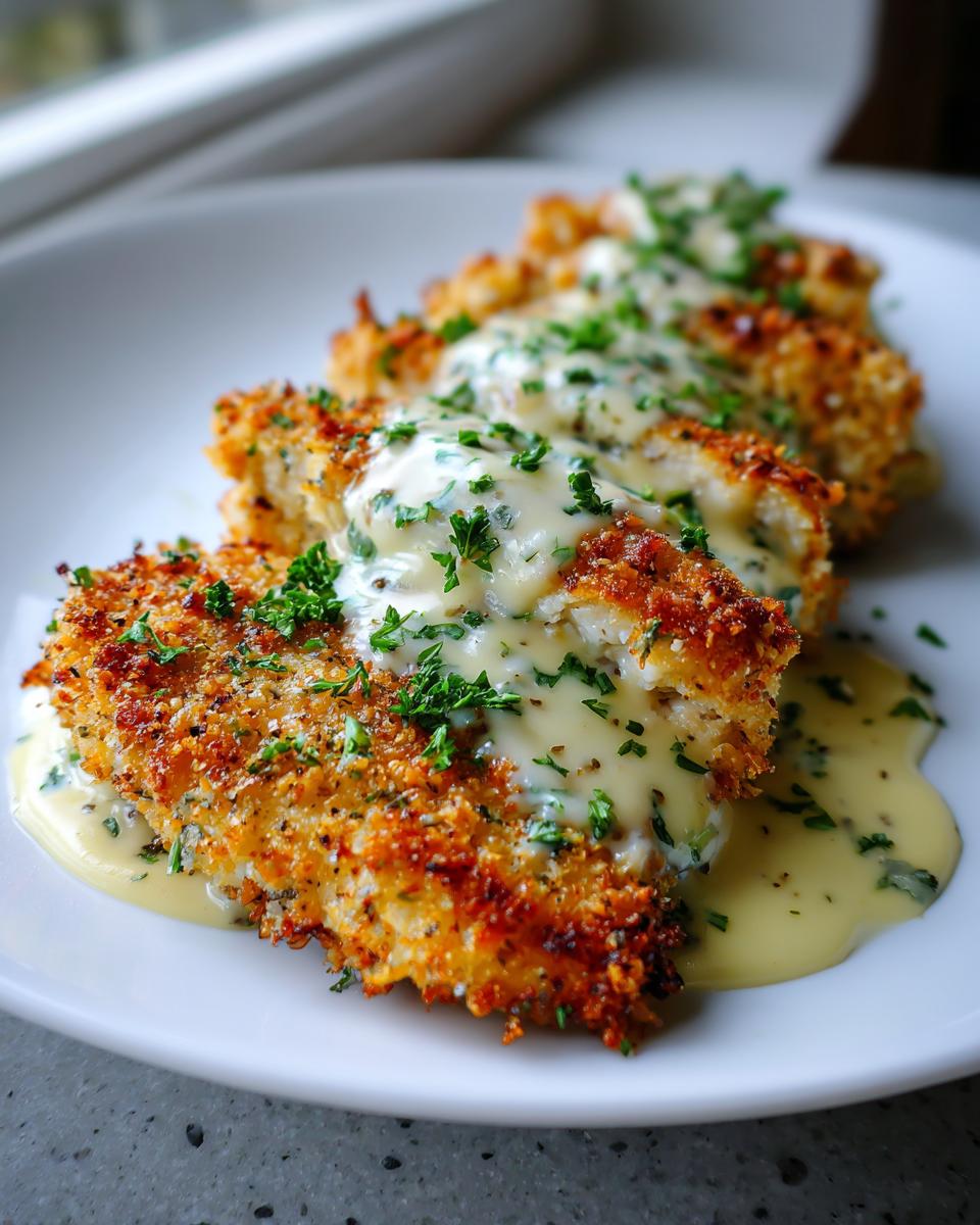 Close-up of Parmesan Crusted Chicken topped with creamy garlic sauce and fresh parsley.