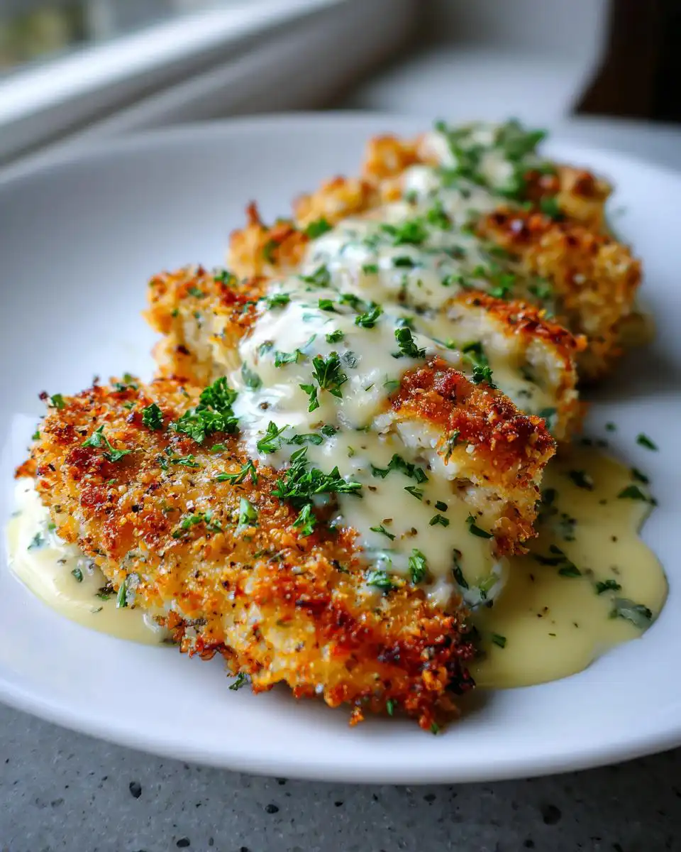 Close-up of Parmesan Crusted Chicken topped with creamy garlic sauce and fresh parsley.