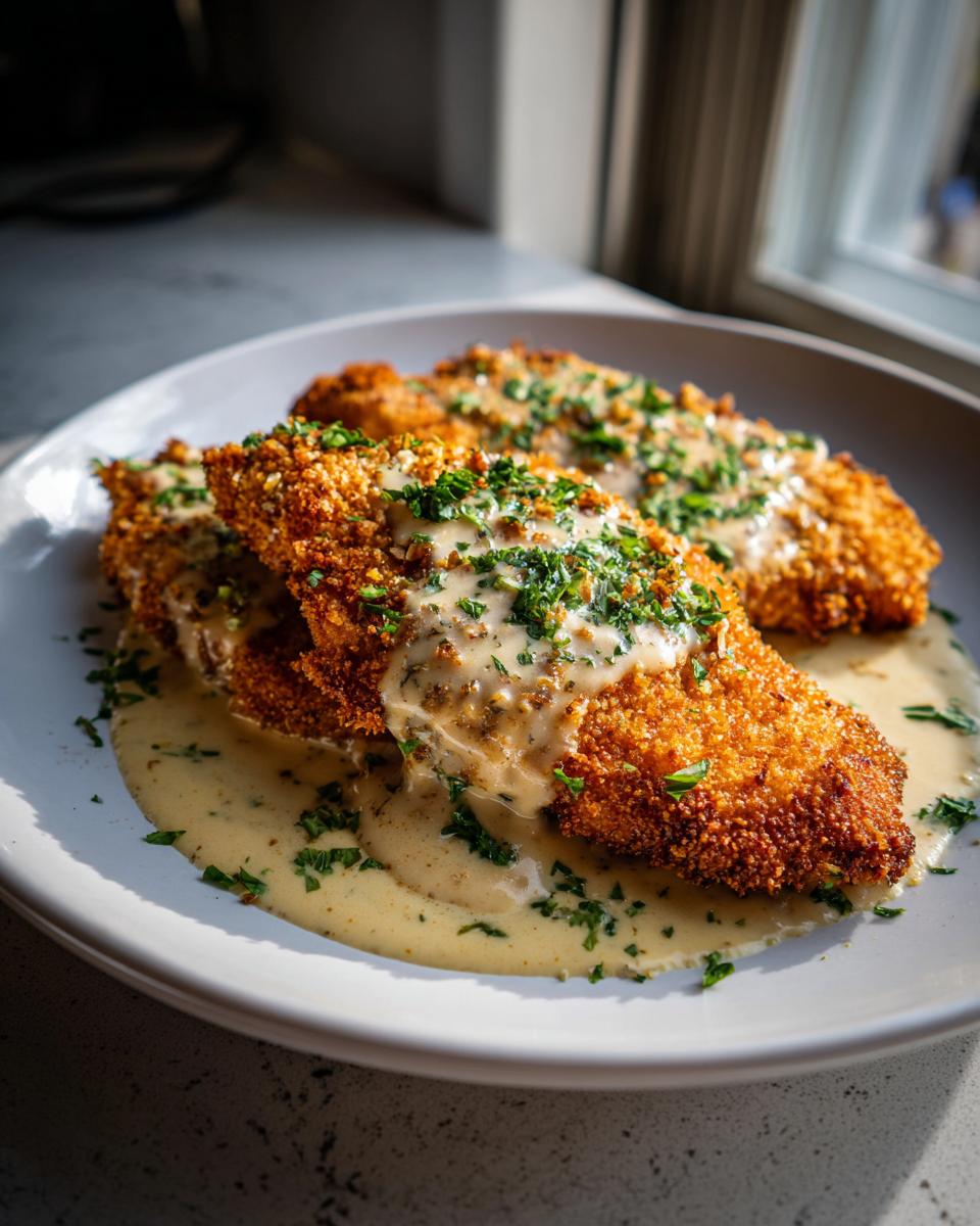 Three pieces of golden Parmesan Crusted Chicken topped with creamy garlic sauce and fresh parsley.