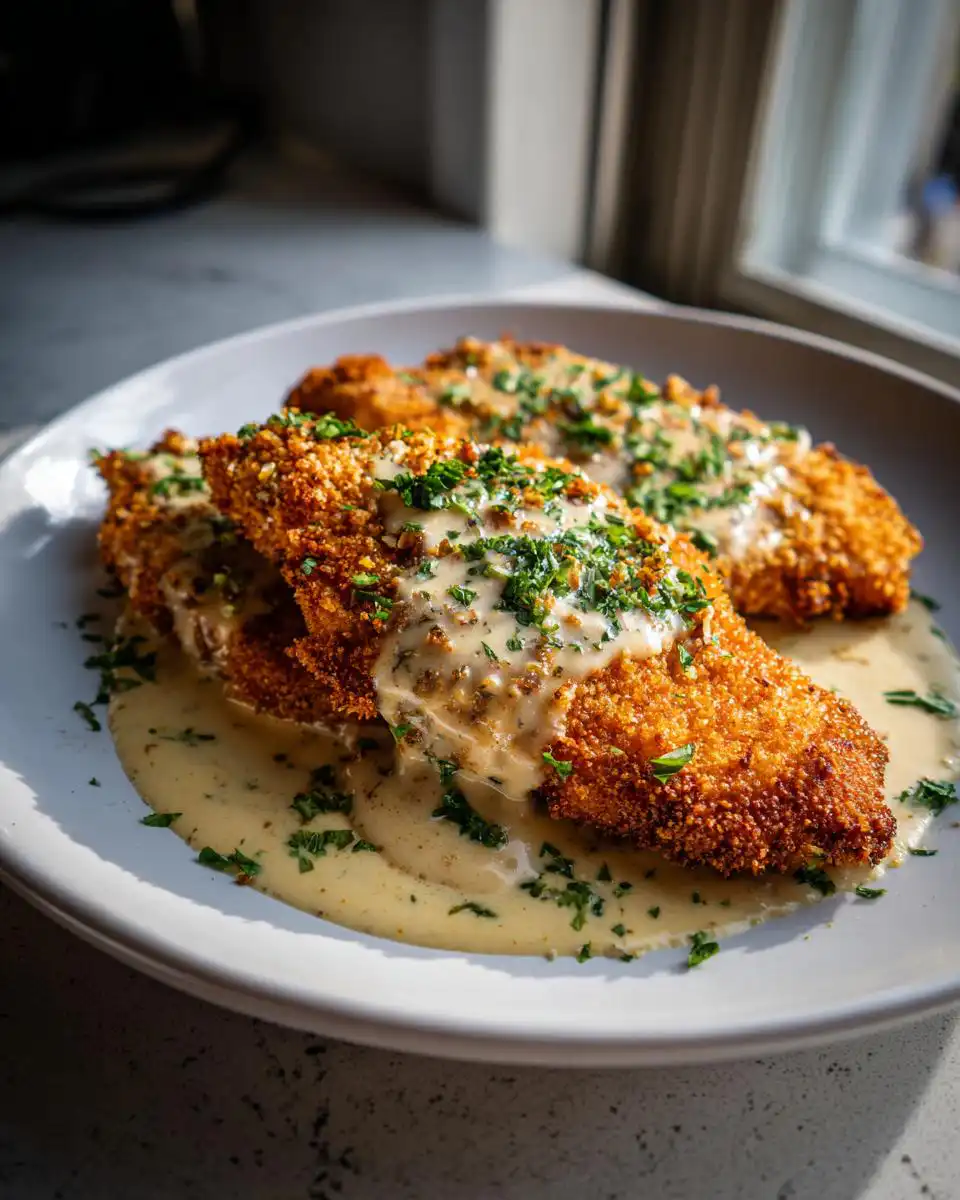 Three pieces of golden Parmesan Crusted Chicken topped with creamy garlic sauce and fresh parsley.