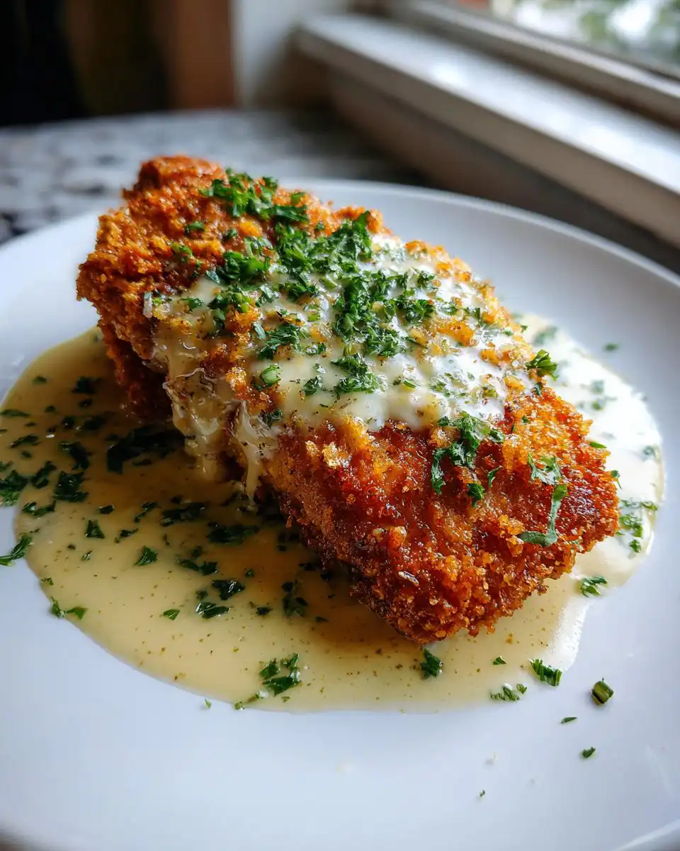 A golden-brown Parmesan Crusted Chicken breast served with a rich Creamy Garlic Sauce and garnished with fresh parsley.