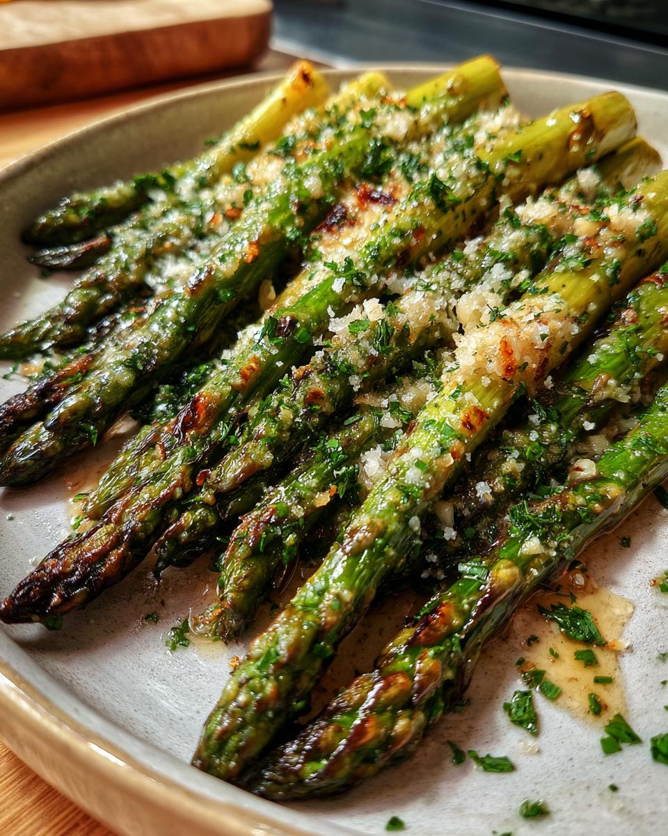 Close-up of perfectly Parmesan Roasted Asparagus, glistening with olive oil and sprinkled with fresh parsley and grated Parmesan.