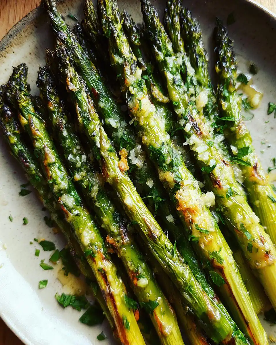 Close-up of vibrant green Parmesan Roasted Asparagus on a plate, glistening with garlic and herbs.