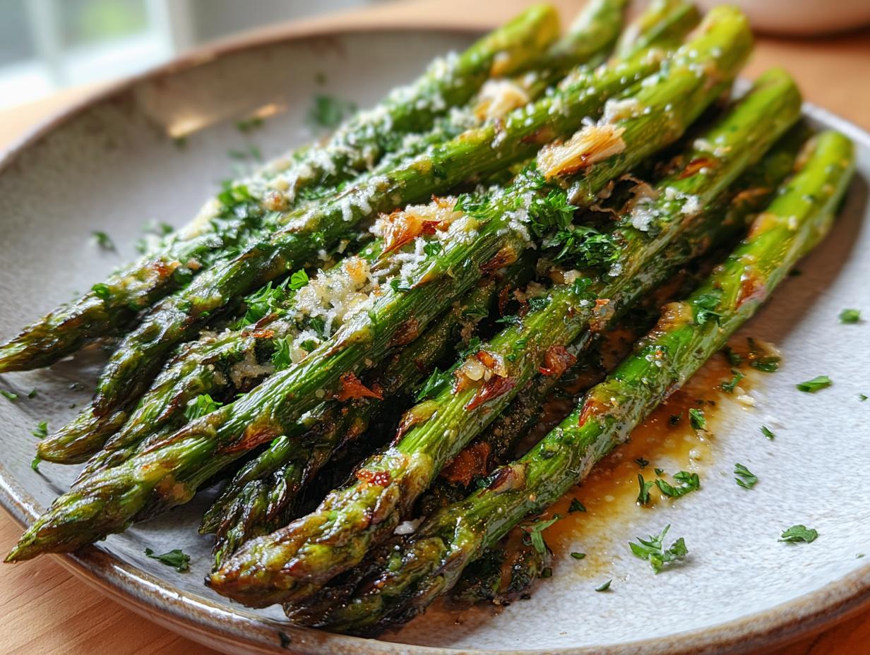 A close-up of tender Parmesan Roasted Asparagus, glistening with olive oil, garlic, and fresh parsley.