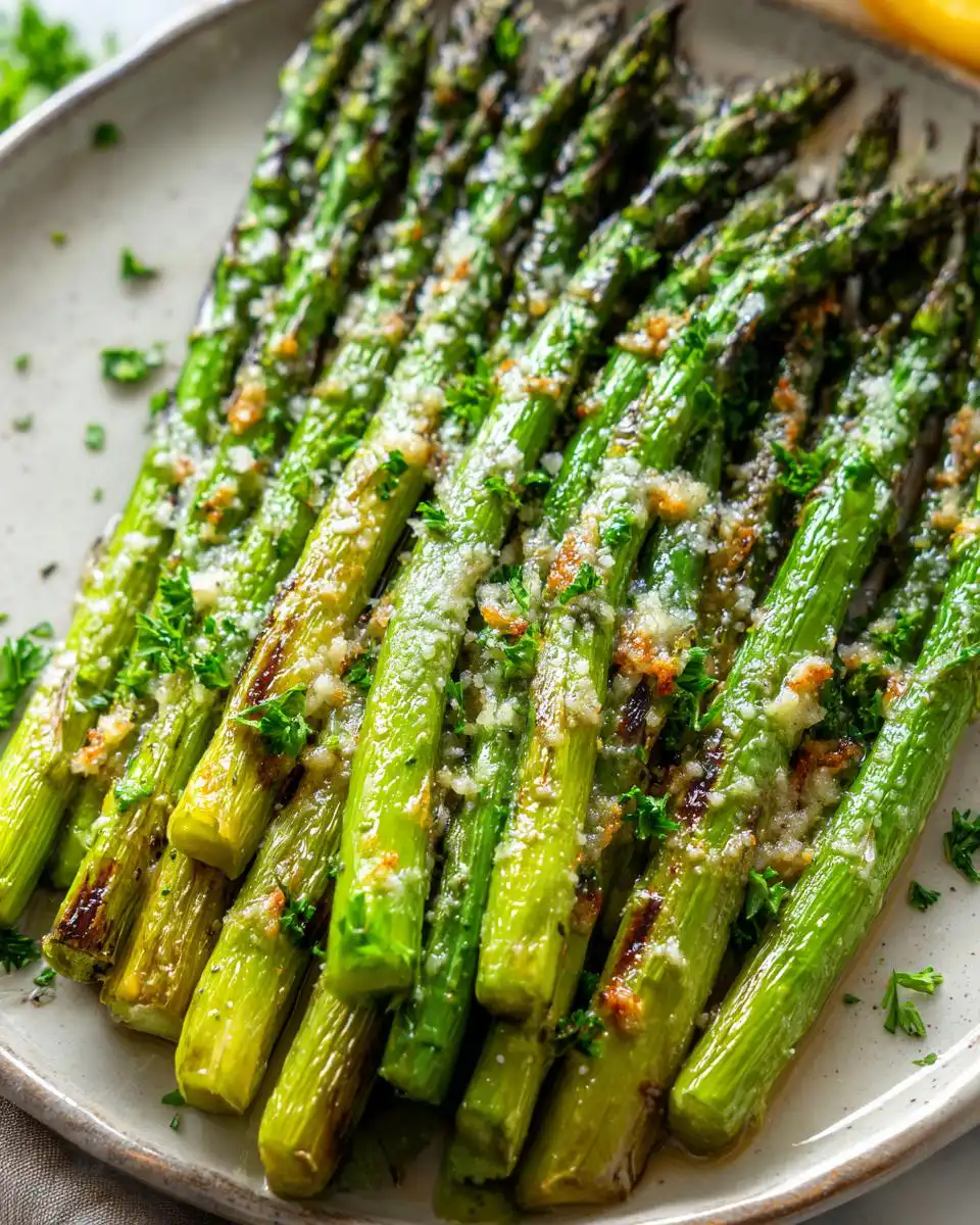 A close-up of a plate filled with vibrant green Parmesan Roasted Asparagus, sprinkled with fresh parsley and cheese.
