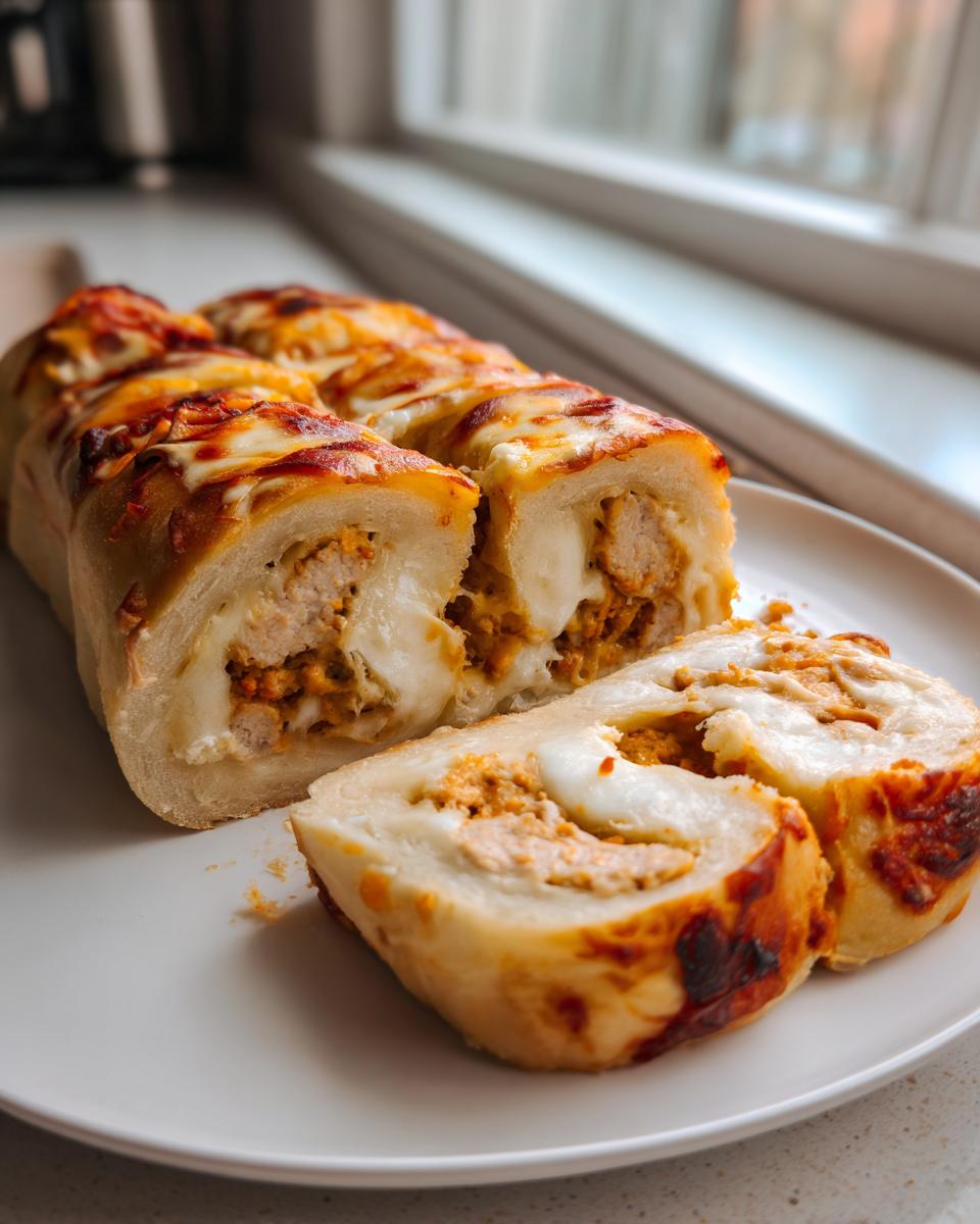 A close-up of a Sausage Stuffed Potato Loaf, sliced to reveal the savory filling and melted cheese.