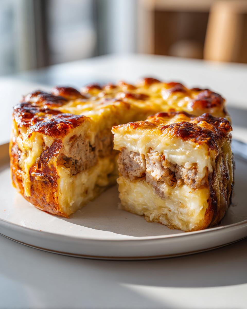 A slice cut from a golden-brown Sausage Stuffed Potato Loaf, revealing layers of potato and savory sausage filling.