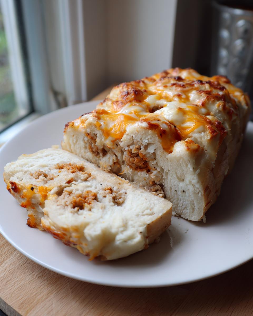A close-up of a sliced Sausage Stuffed Potato Loaf, showing the savory sausage filling and melted cheese.