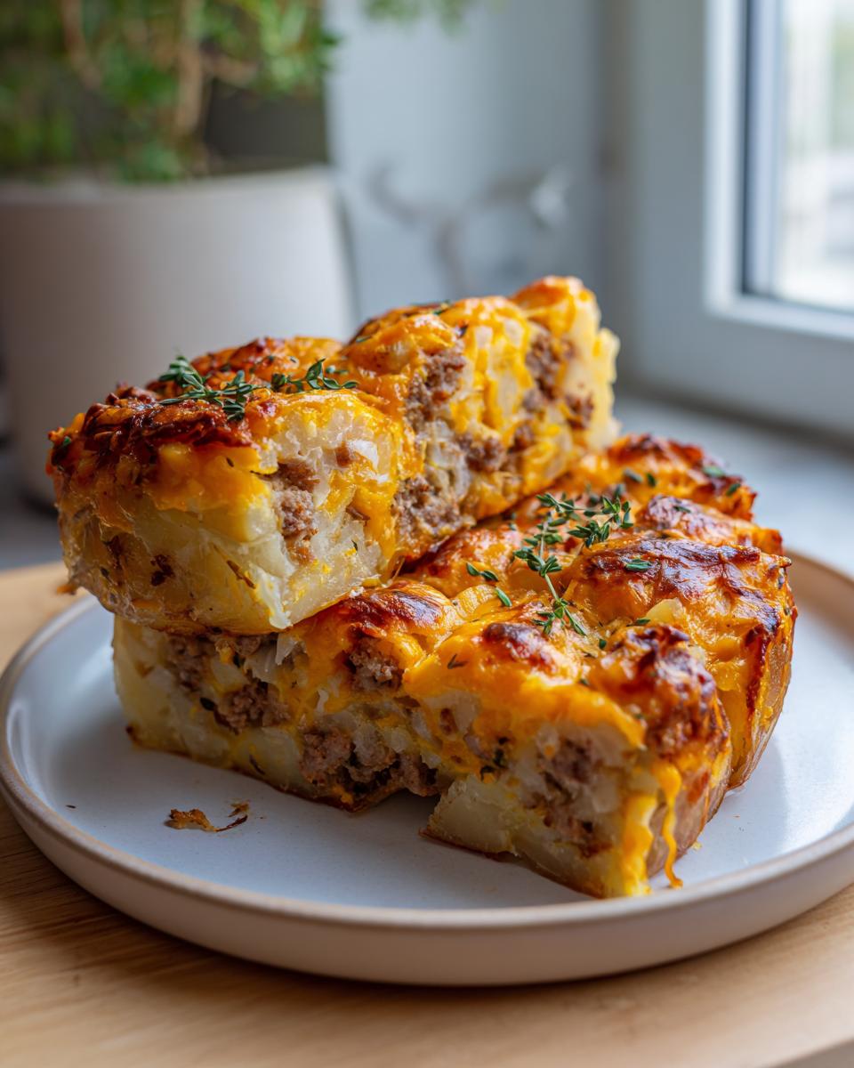 Two slices of Sausage Stuffed Potato Loaf stacked on a plate, with melted cheese and fresh thyme.