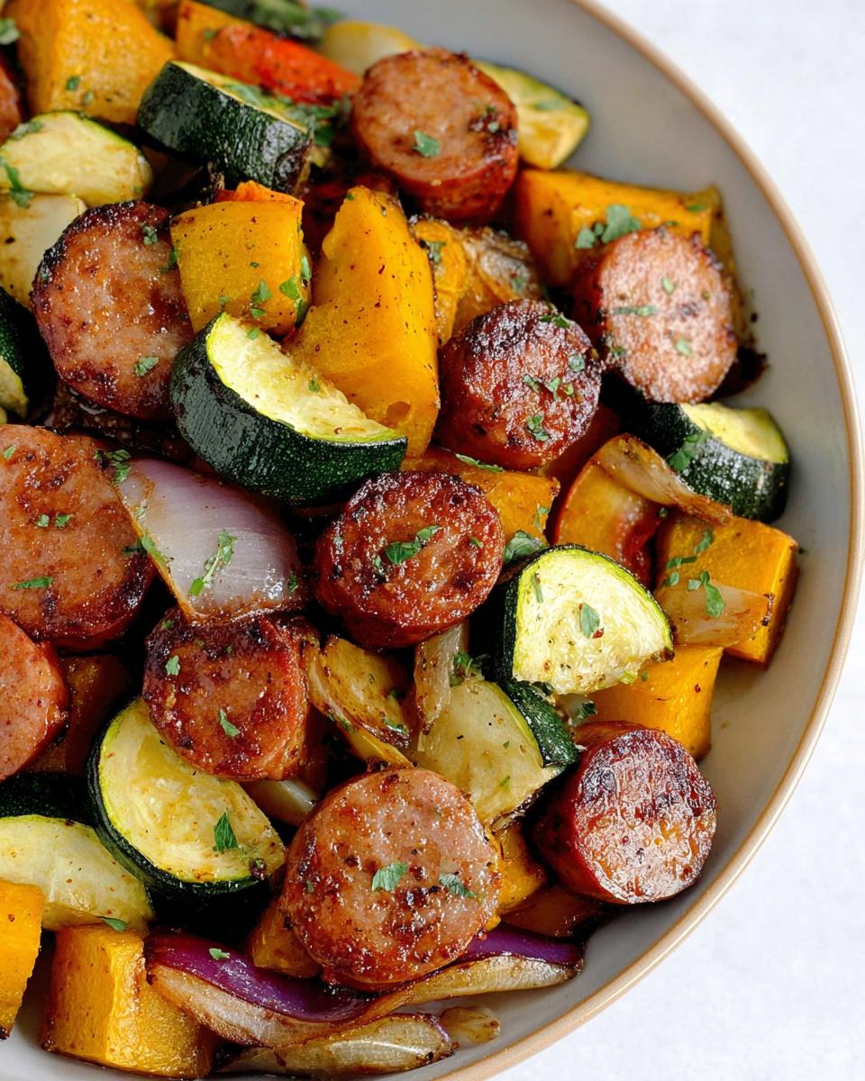 Close-up of a bowl filled with roasted sheet pan sausage and veggies, including zucchini, butternut squash, and red onion.
