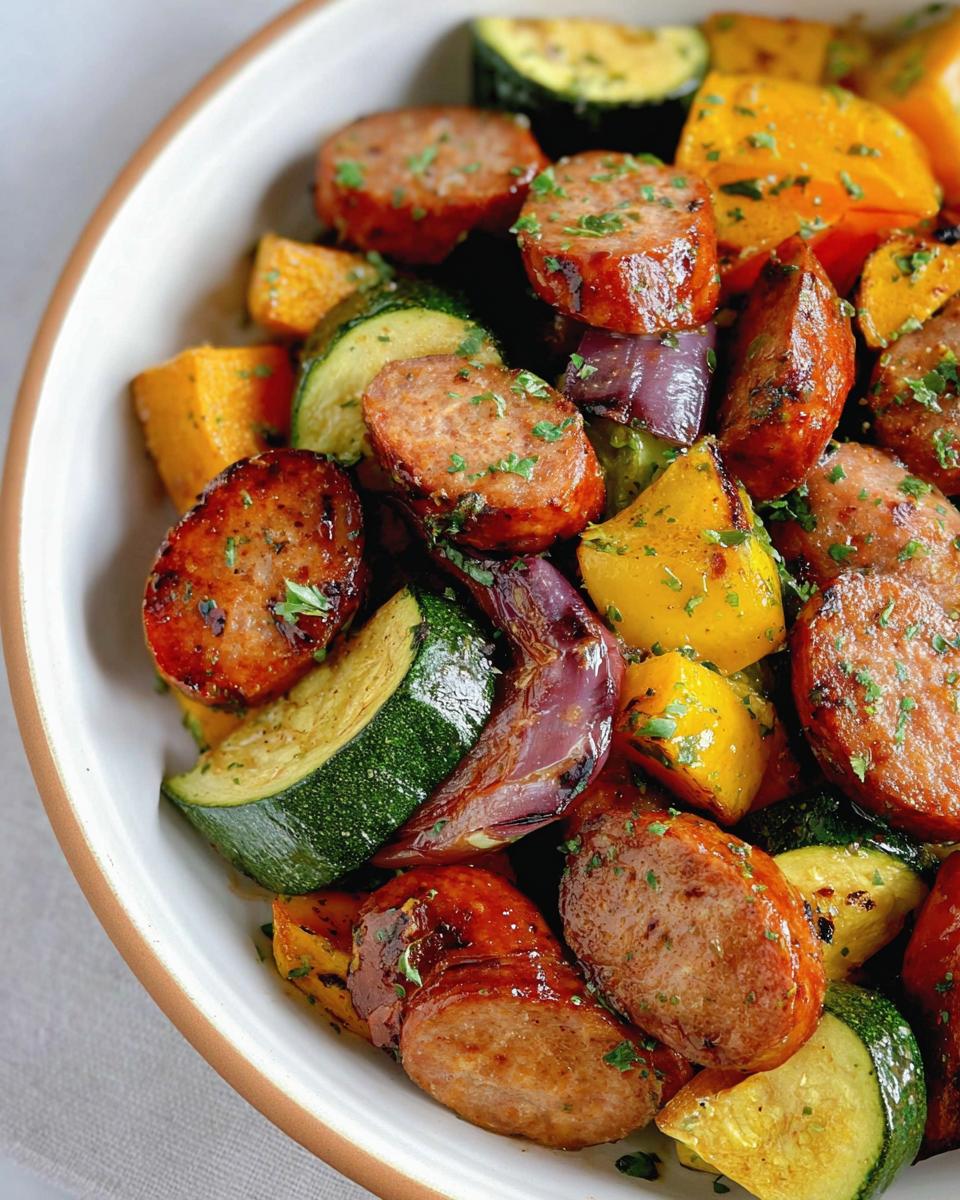Close-up of a bowl filled with colorful sheet pan sausage and veggies, including sliced sausage, zucchini, bell peppers, and onions.