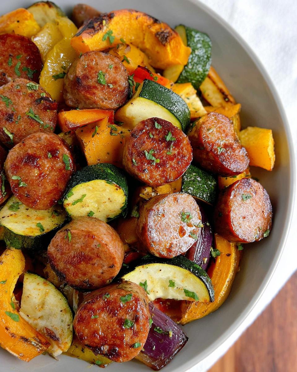A close-up of a bowl filled with colorful sheet pan sausage and veggies, including zucchini, squash, and red onion.