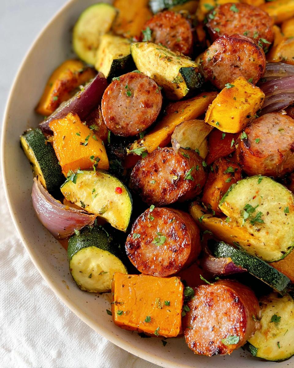 Close-up of a colorful sheet pan sausage and veggies dish featuring sliced sausage, zucchini, butternut squash, and red onion.