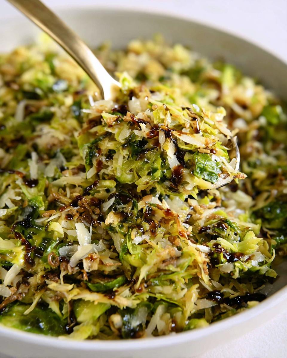 A spoonful of shredded brussels sprouts topped with cheese and a balsamic glaze.
