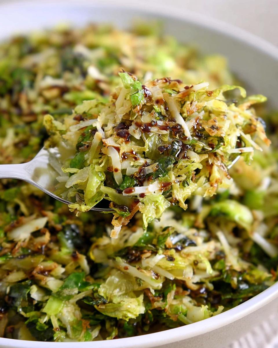 A forkful of shredded brussels sprouts, tossed with cheese and drizzled with balsamic glaze.