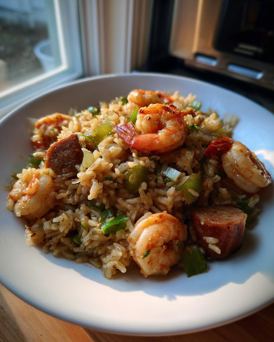 A close-up of a white bowl filled with Shrimp Sausage Dirty Rice, featuring plump shrimp, sliced sausage, and green peppers.