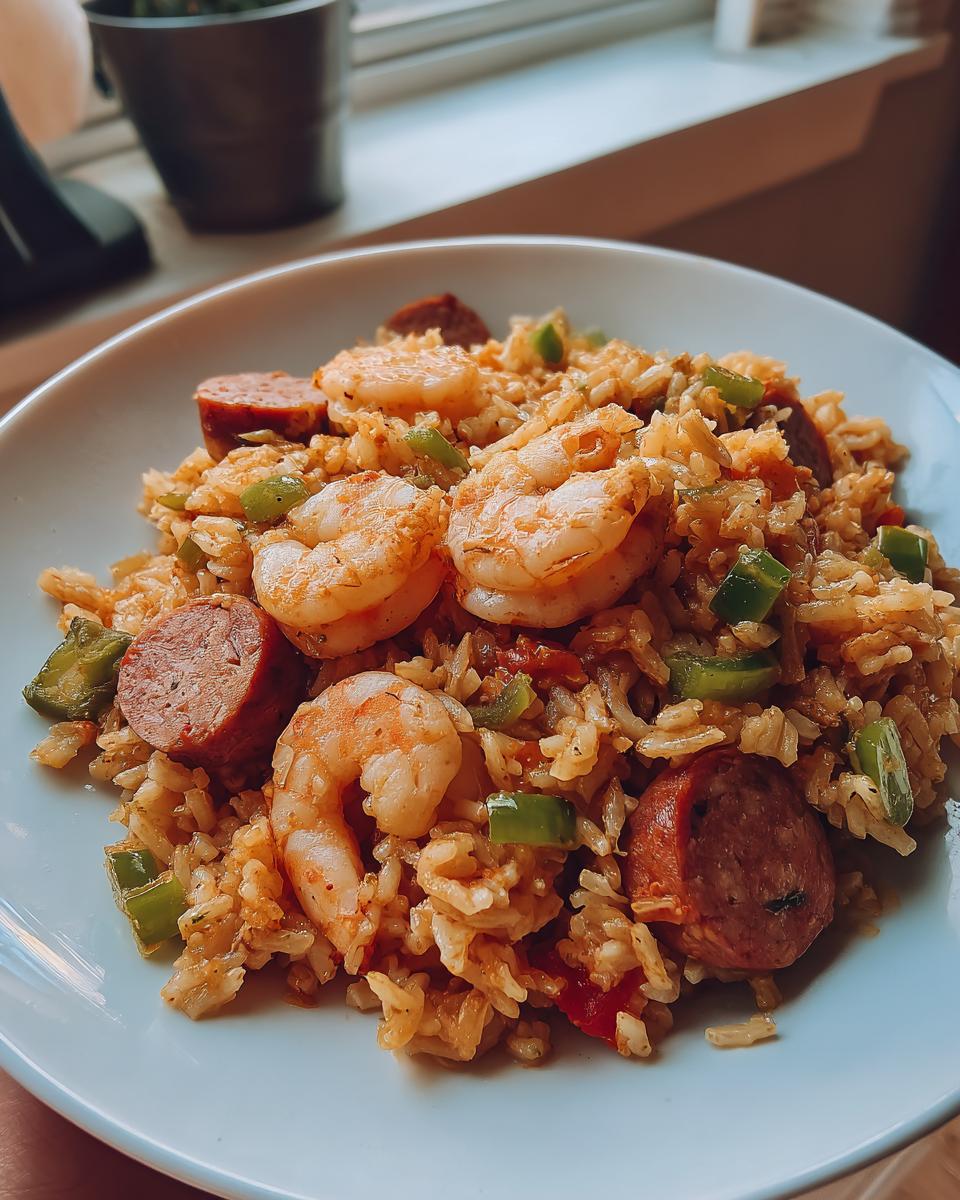 A close-up of a bowl filled with Shrimp Sausage Dirty Rice, featuring plump shrimp, sliced sausage, and green bell peppers.