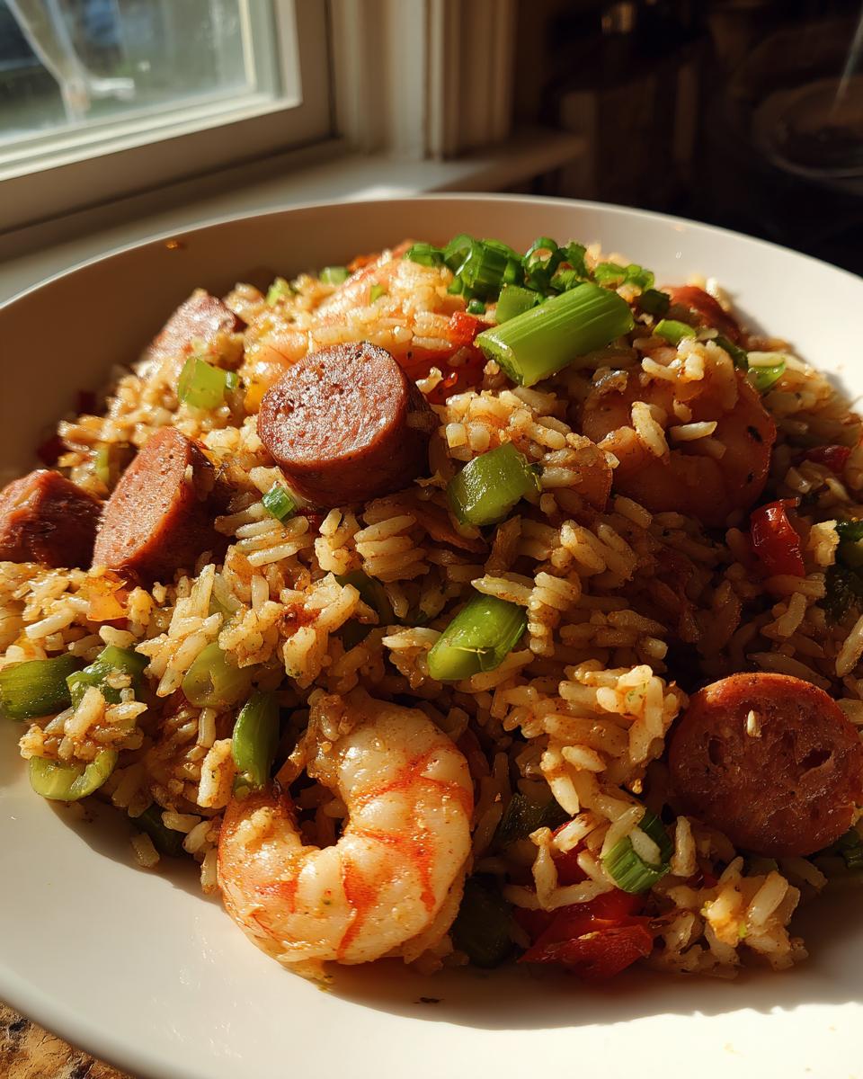 A close-up of a bowl of Shrimp Sausage Dirty Rice, featuring plump shrimp, sliced sausage, rice, and green onions.