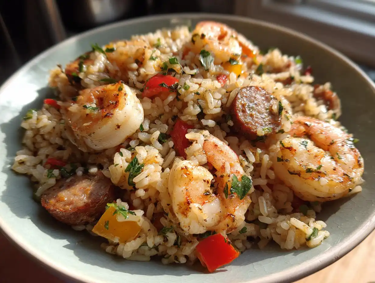 A close-up of a bowl of Shrimp and Sausage Dirty Rice, featuring plump shrimp, sliced sausage, and colorful bell peppers.
