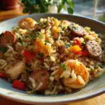 A close-up of a bowl filled with delicious Shrimp and Sausage Dirty Rice, garnished with fresh parsley.
