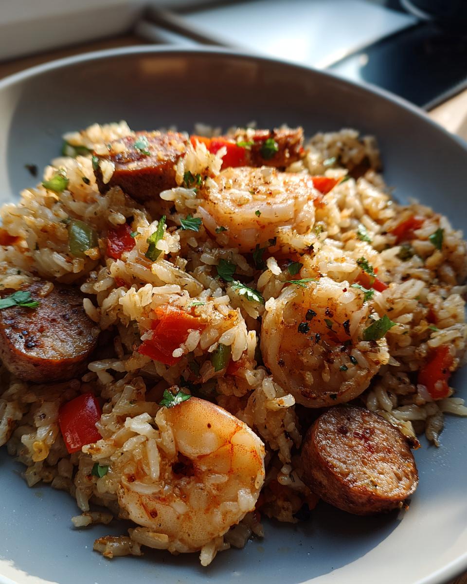 A close-up of a bowl of Shrimp and Sausage Dirty Rice, featuring plump shrimp, sliced sausage, and rice with visible vegetables.