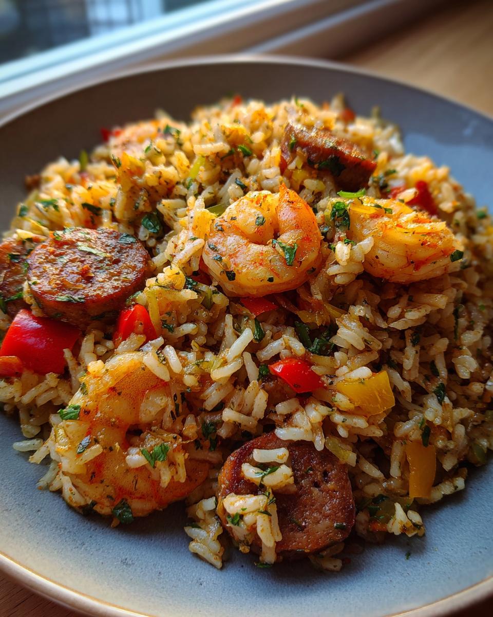 A close-up view of a bowl filled with delicious Shrimp and Sausage Dirty Rice, featuring plump shrimp, sliced sausage, and colorful bell peppers.