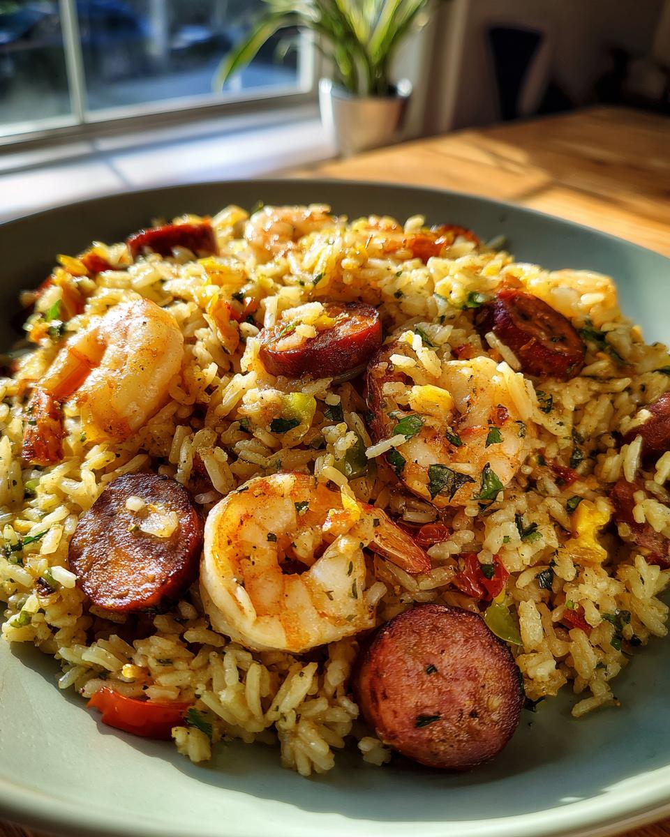 A close-up, overhead view of a bowl filled with delicious Shrimp and Sausage Dirty Rice, garnished with parsley.