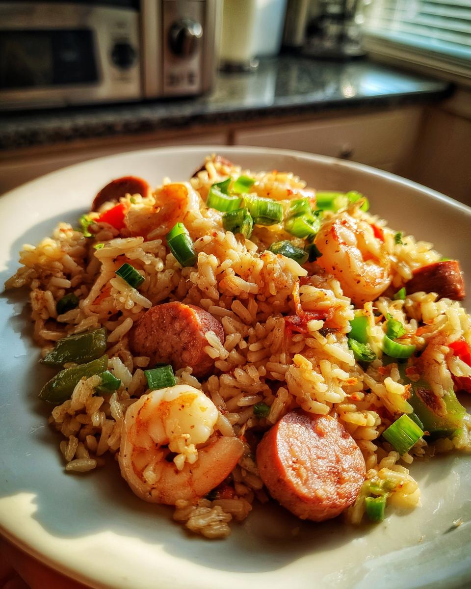 A close-up of a plate of Shrimp Sausage Dirty Rice, featuring plump shrimp, sliced sausage, and green onions.